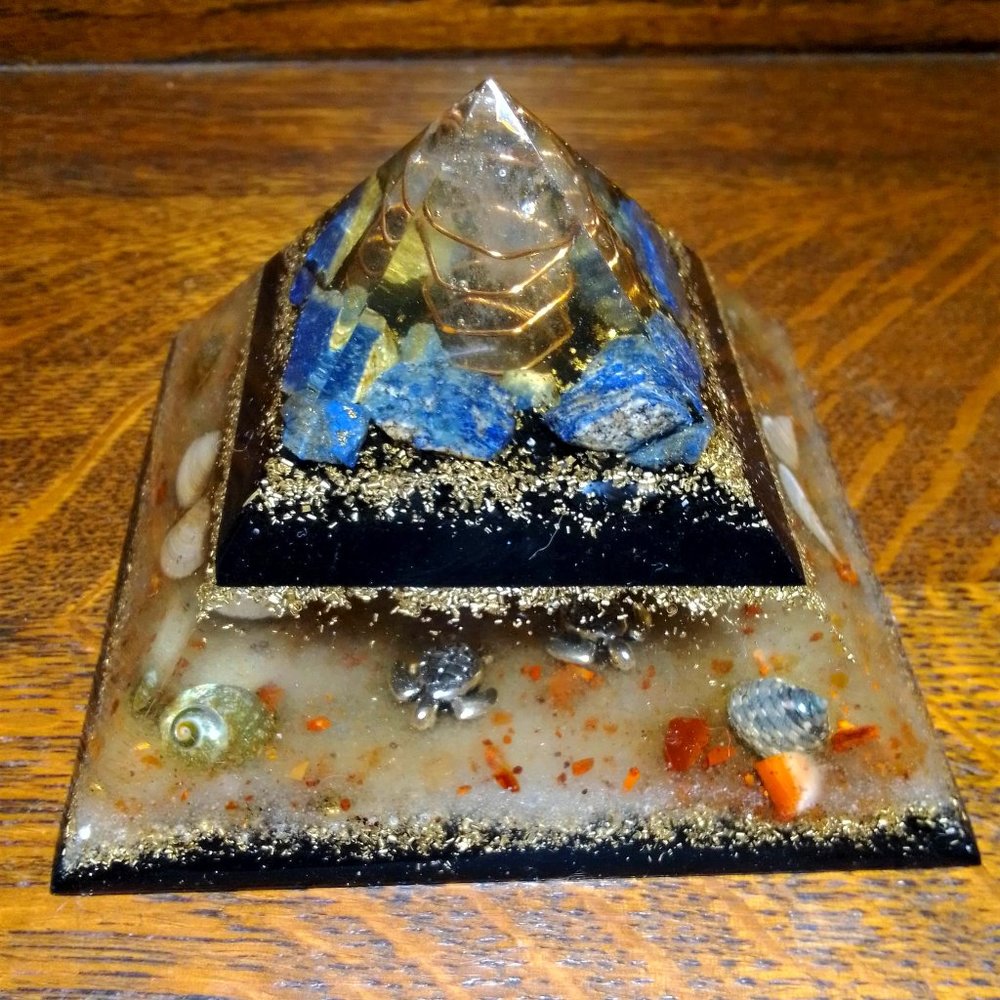 SHUNGITE ORGONE PYRAMID WITH LAPIS LAZULI, QUARTZ CRYSTAL WITH COPPER WRAP